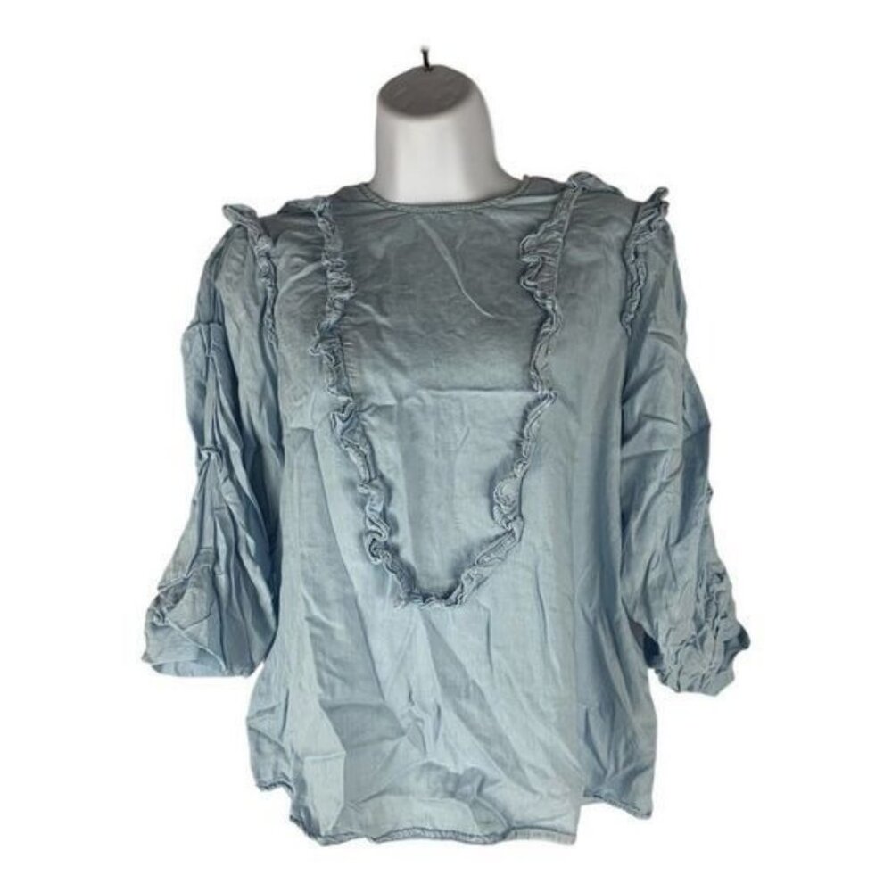 Zara Woman Premium Denim Ruffle Blouse Light Blue 3/4 Sleeve Size Small